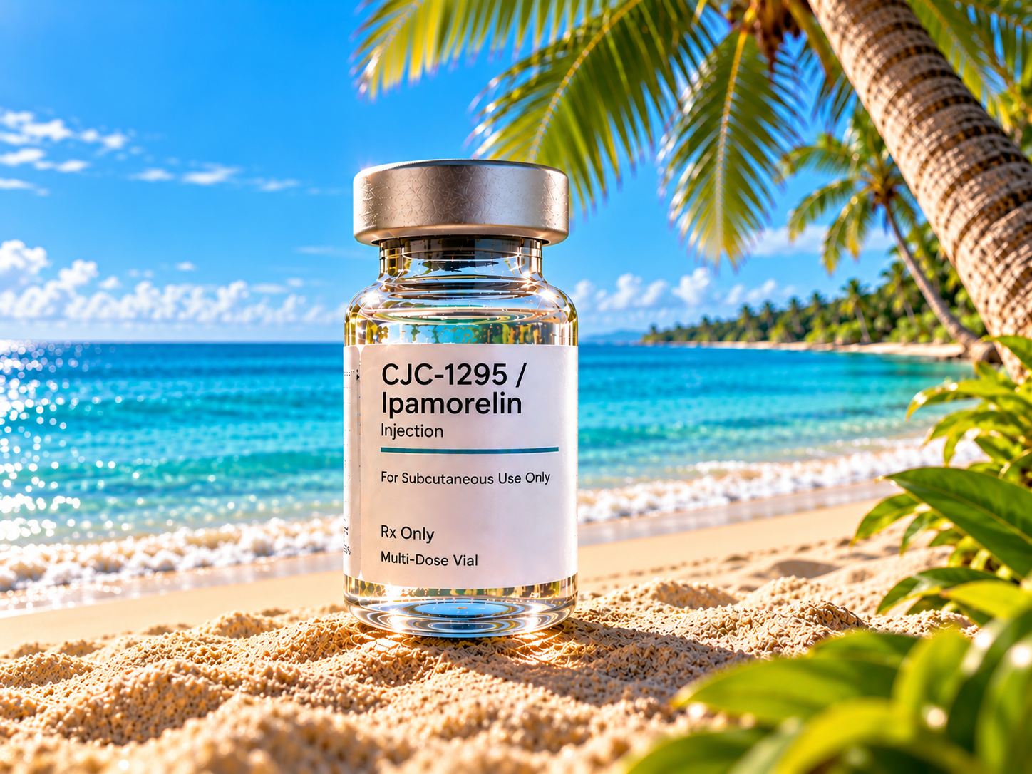 CJC-1295 / Ipamorelin injection multi-dose vial on a tropical beach with palm trees