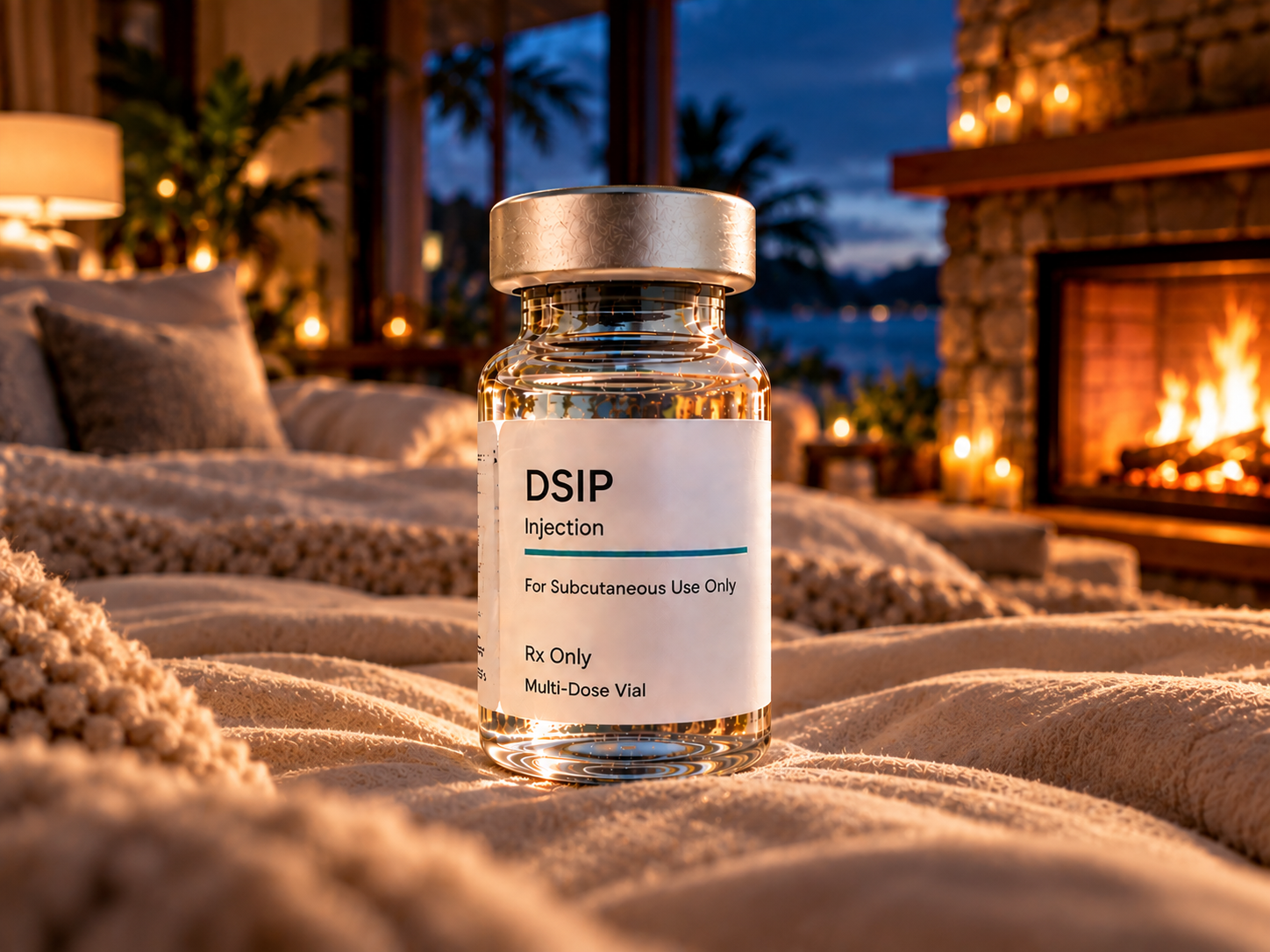 DSIP injection multi-dose vial resting on a knit blanket beside a lit fireplace