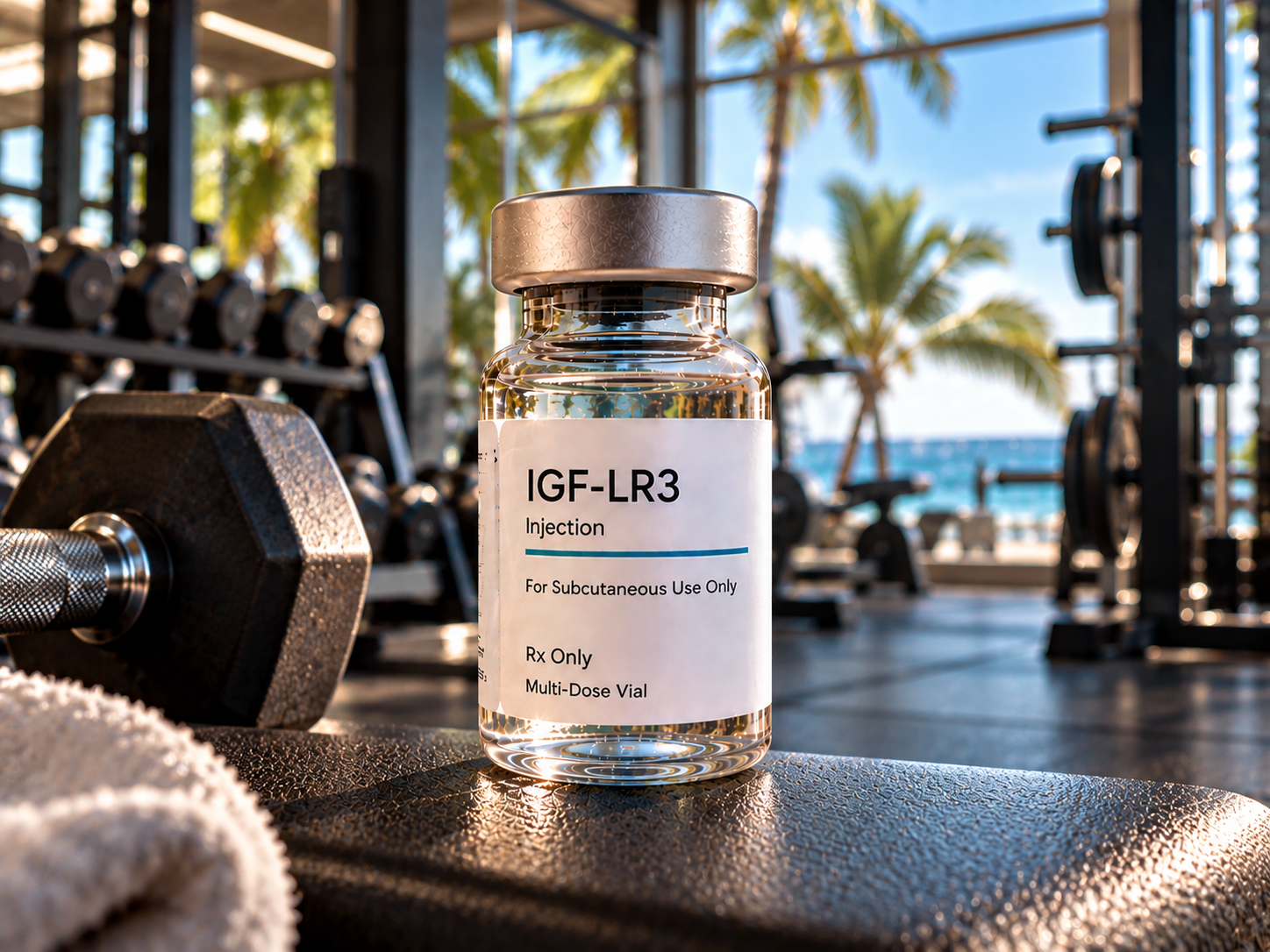 IGF-LR3 injection multiple dose vial in an open-air gym beside a dumbbell with a tropical beach behind it