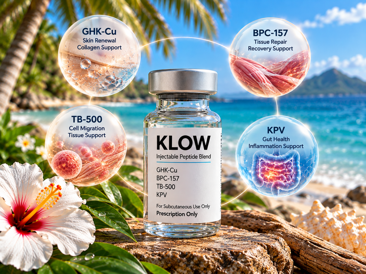KLOW injectable peptide blend multiple dose vial on a tropical beach, showing its GHK-Cu, BPC-157, TB-500, and KPV ingredients
