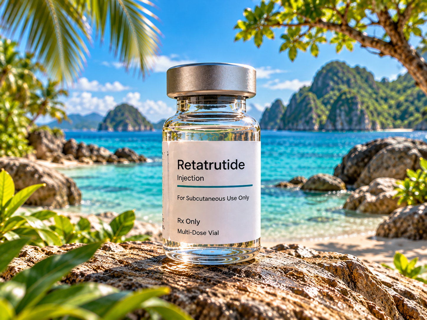 Retatrutide injection multiple dose vial on a rocky tropical shore