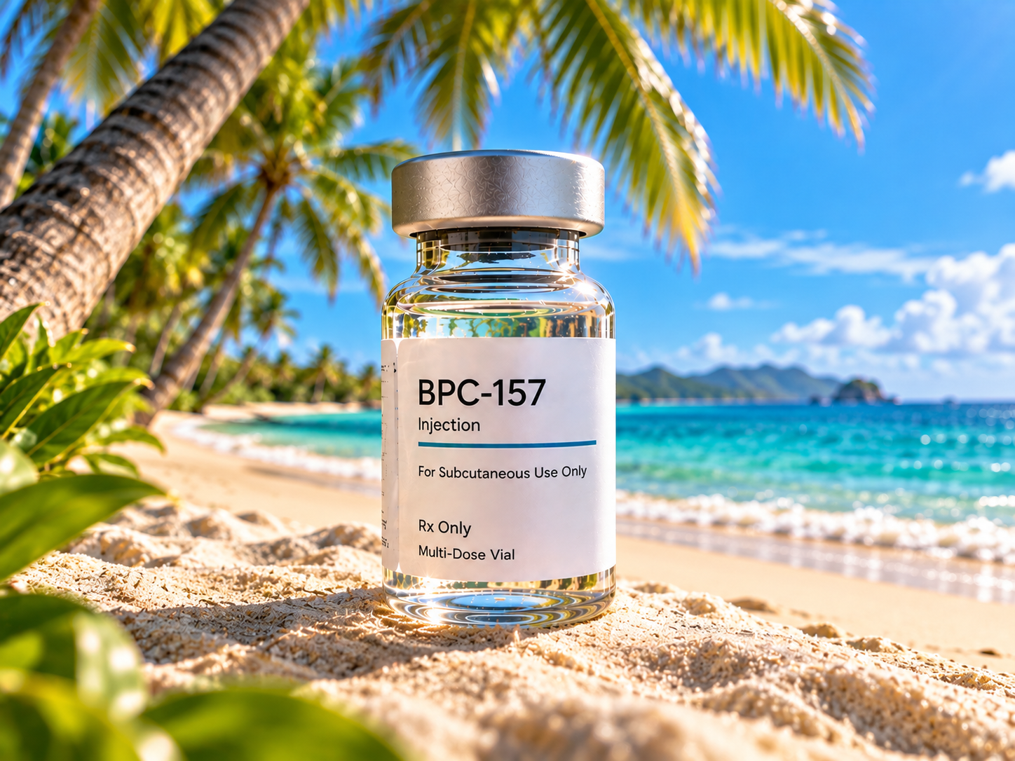 BPC-157 injection multiple dose vial on a tropical beach