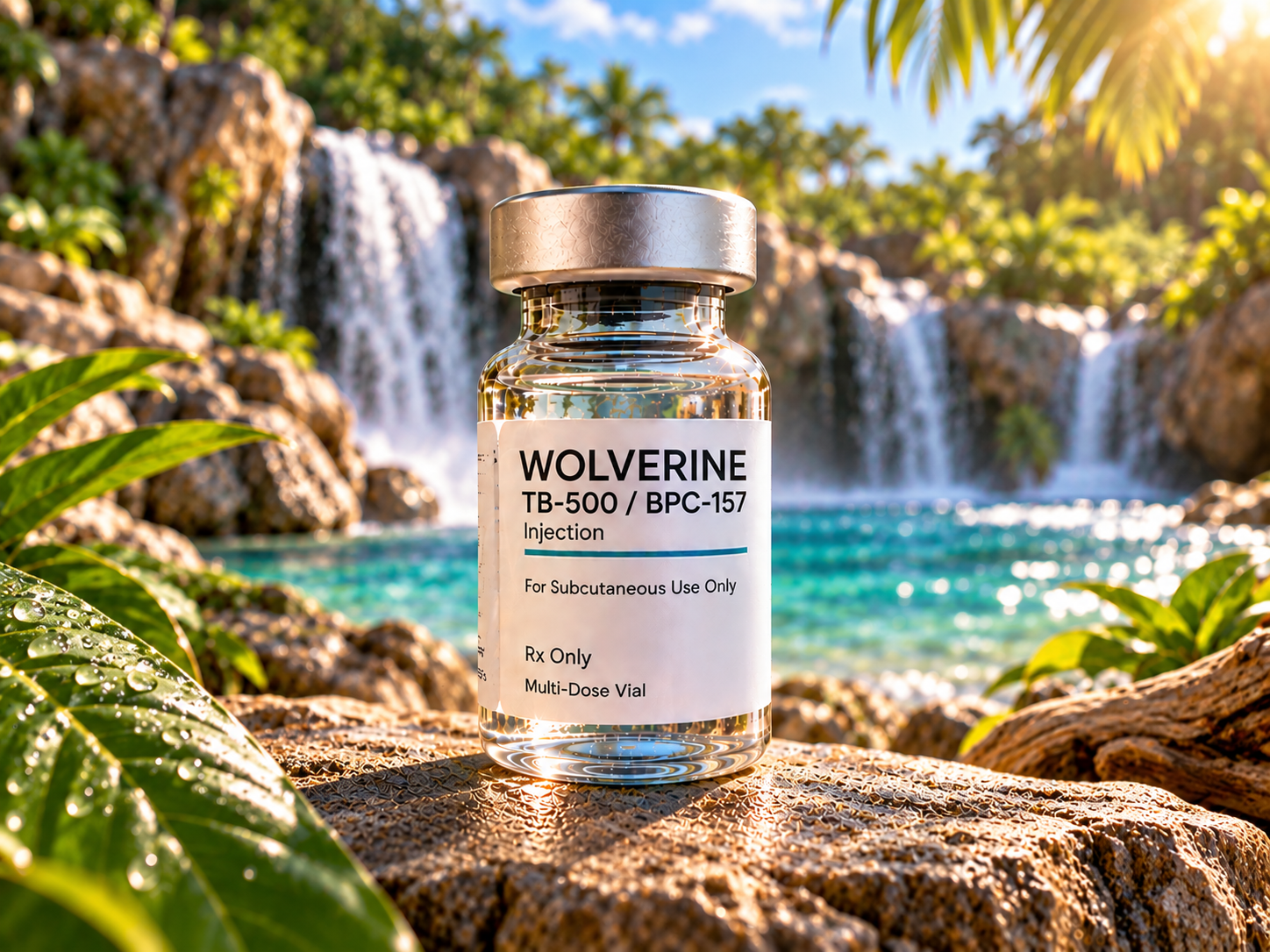 Wolverine TB-500 / BPC-157 injection multi-dose vial on a rock beside tropical leaves with waterfalls and an aqua lagoon behind it