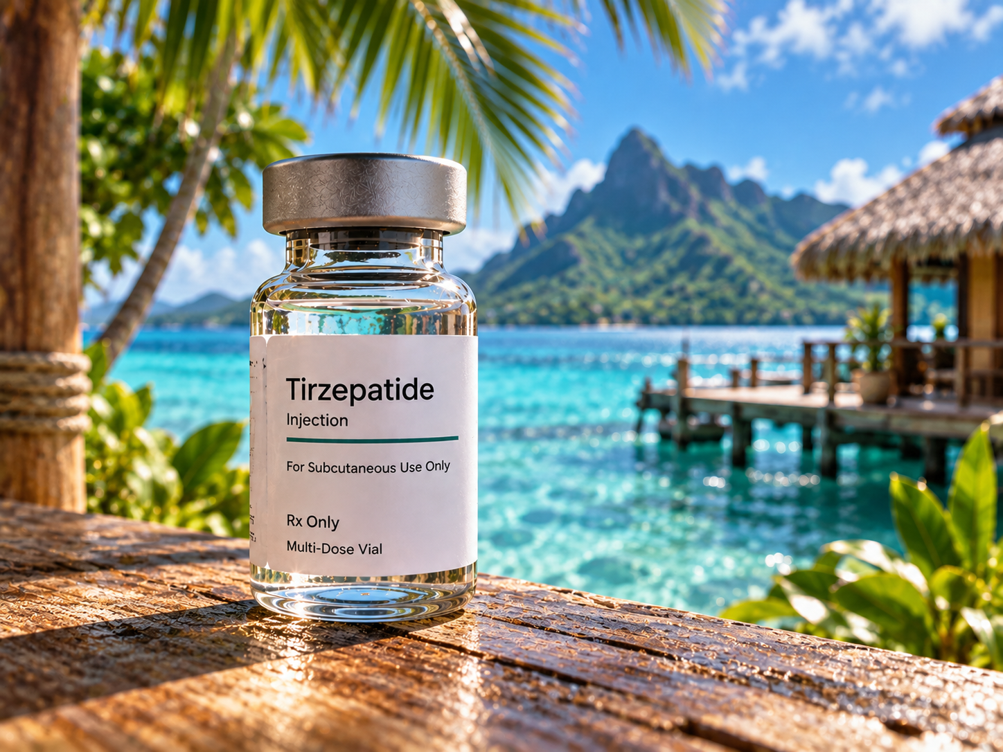 Tirzepatide injection multiple dose vial beside a hibiscus flower