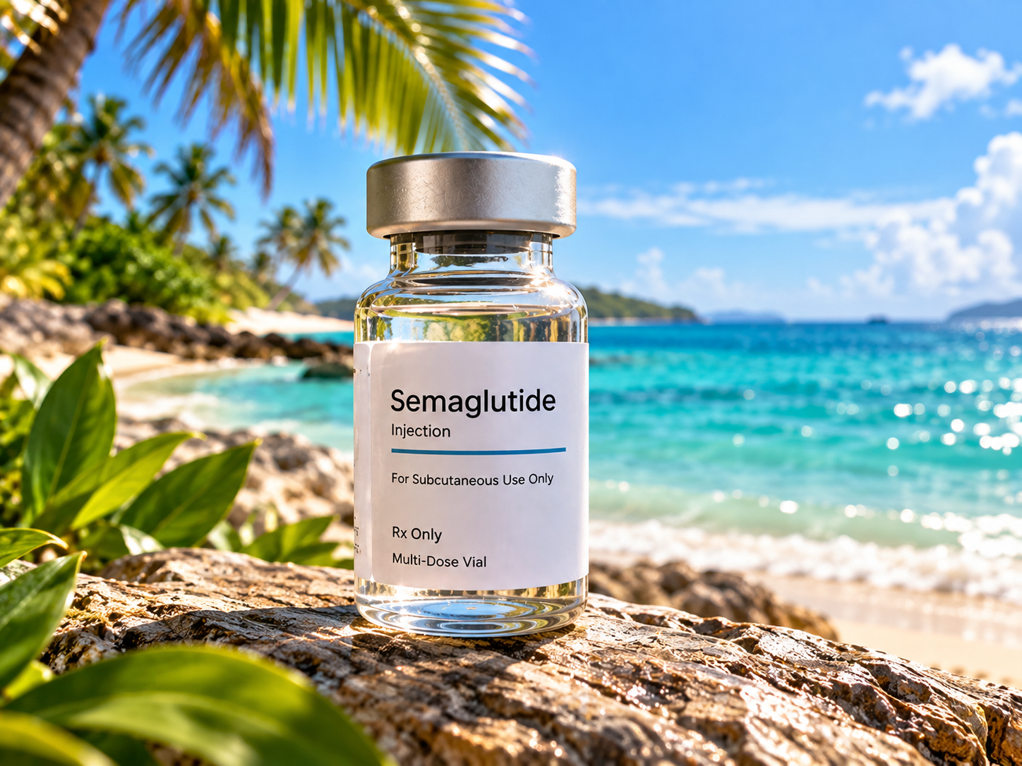 Semaglutide injection multiple dose vial on a tropical beach
