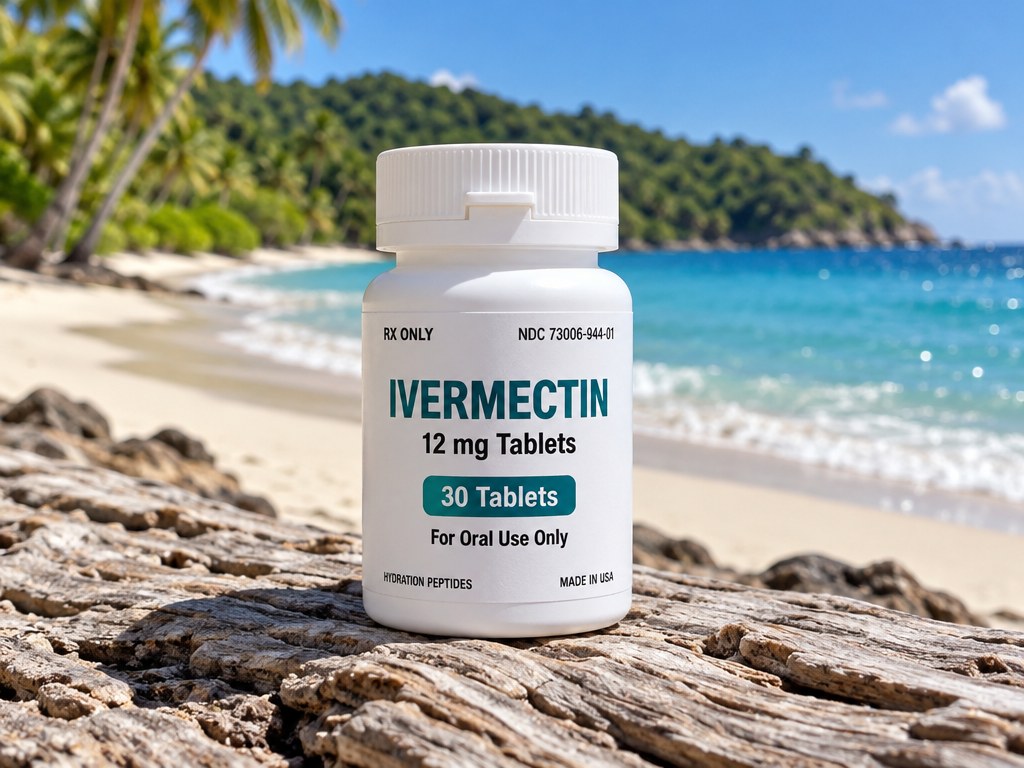 Ivermectin prescription tablets bottle on driftwood at a tropical beach