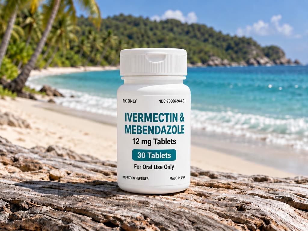 Ivermectin and mebendazole prescription tablets in one bottle on driftwood at a tropical beach