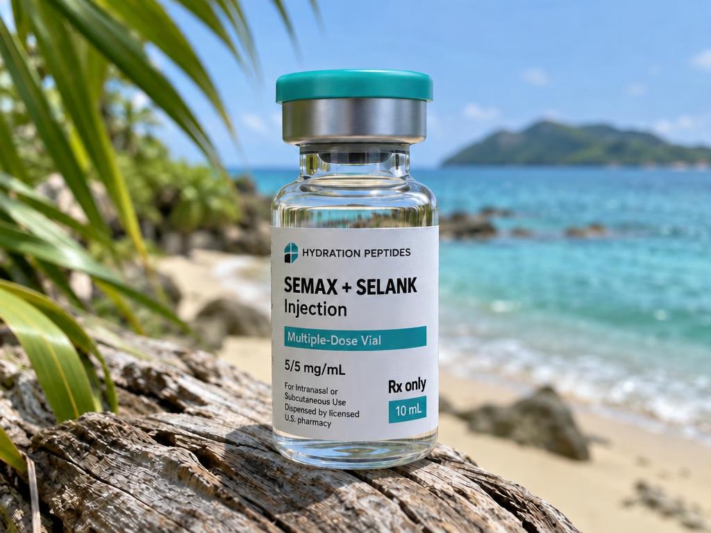 Semax + Selank multiple-dose vial on driftwood on a tropical beach