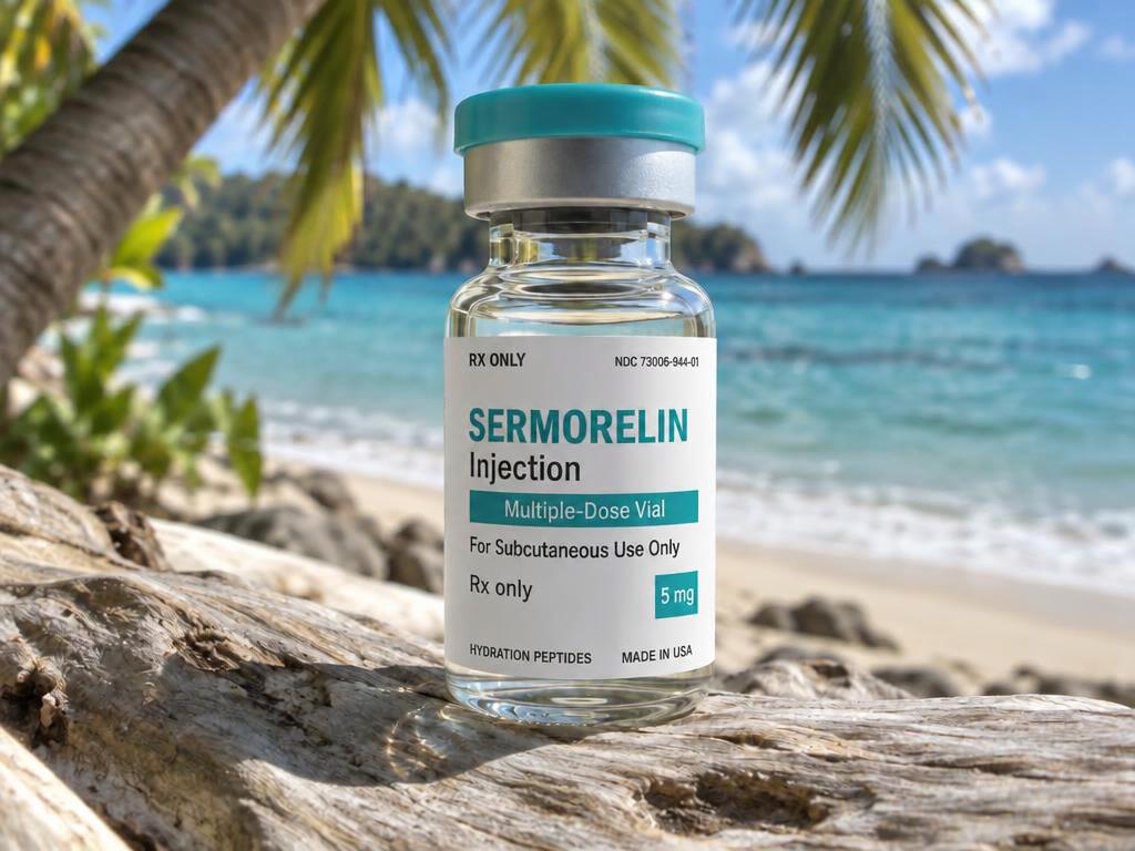 Sermorelin injection multiple-dose vial on driftwood on a tropical beach