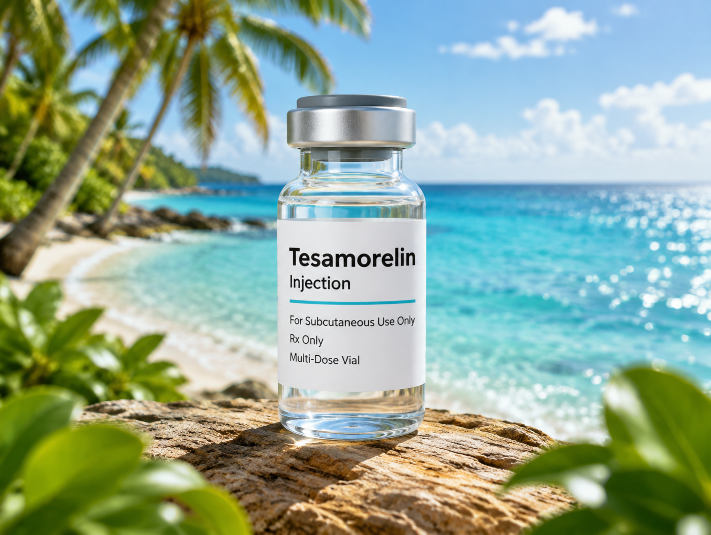 Tesamorelin injection multi-dose vial on a tropical beach