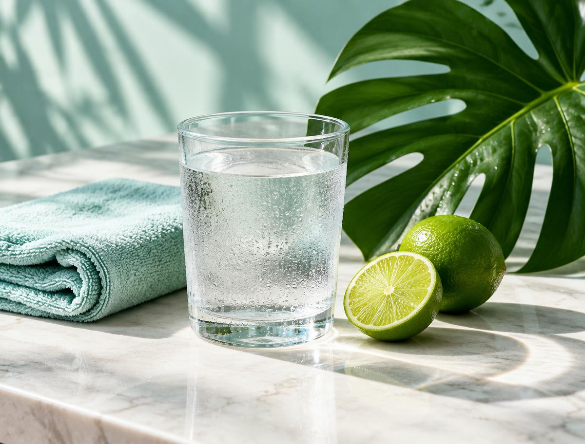Water, lime, and a fresh tropical leaf